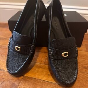 Coach Black Loafers with Gold Accents and Slip-On Design
